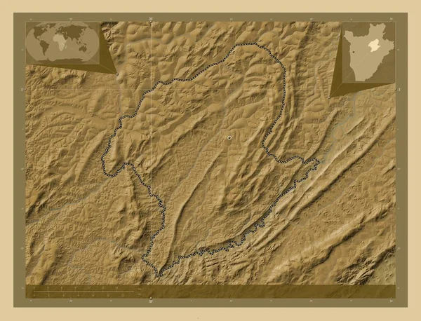 Karuzi Επαρχία Του Μπουρούντι Χρωματιστός Υψομετρικός Χάρτης Λίμνες Και Ποτάμια — Φωτογραφία Αρχείου
