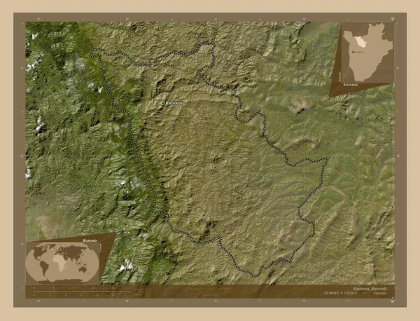 ブルンジ県のカヤンザ 低解像度衛星地図 地域の主要都市の位置と名前 コーナー補助位置図 — ストック写真