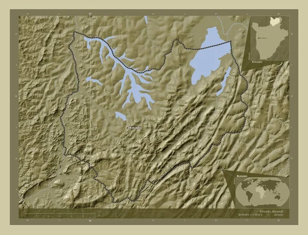 クルンド ブルンジの州 湖や川とWikiスタイルで着色された標高マップ 地域の主要都市の位置と名前 コーナー補助位置図 — ストック写真