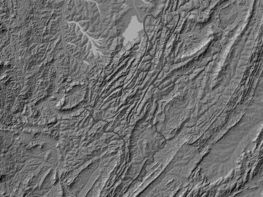 Muyinga, Burundi vilayeti. Gölleri ve nehirleri olan çift seviyeli yükseklik haritası