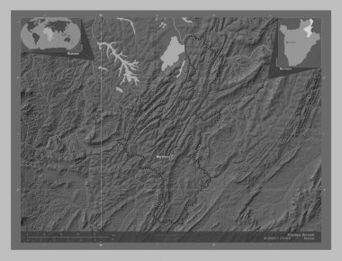 Muyinga, Burundi vilayeti. Gölleri ve nehirleri olan gri tonlama yükseklik haritası. Bölgenin büyük şehirlerinin yerleri ve isimleri. Köşedeki yedek konum haritaları