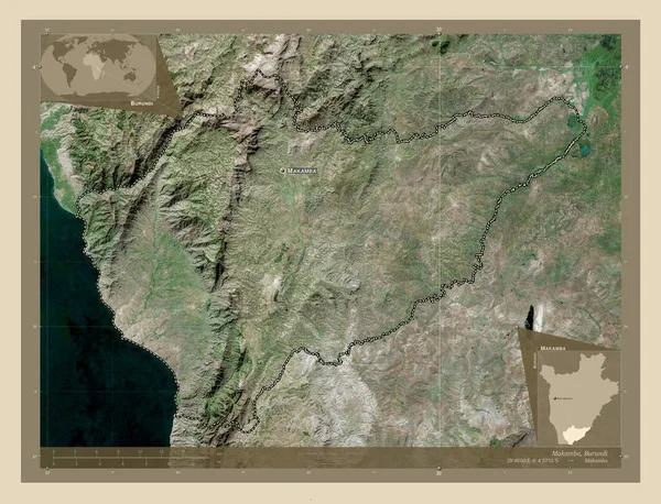 布隆迪省马坎巴 高分辨率卫星地图 该区域主要城市的地点和名称 角辅助位置图 — 图库照片