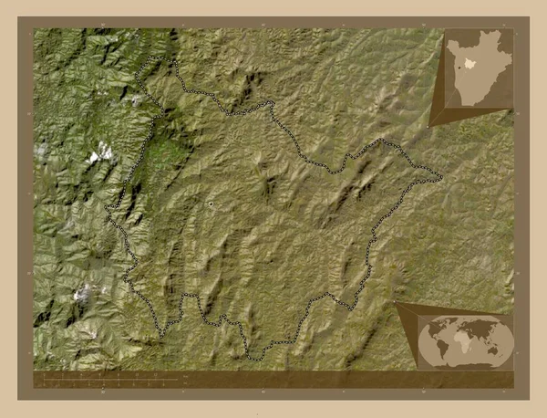 ブルンジ共和国のムラムヤ県 低解像度衛星地図 地域の主要都市の場所 コーナー補助位置図 — ストック写真