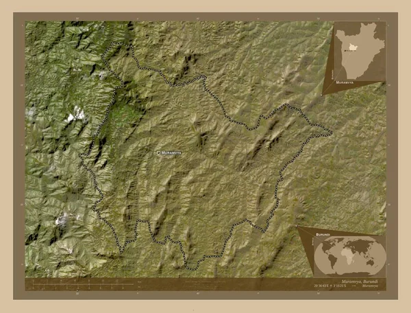 ブルンジ共和国のムラムヤ県 低解像度衛星地図 地域の主要都市の位置と名前 コーナー補助位置図 — ストック写真