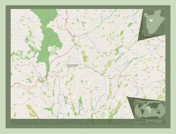 ブルンジ共和国のムラムヤ県 ストリートマップを開く 地域の主要都市の位置と名前 コーナー補助位置図 — ストック写真