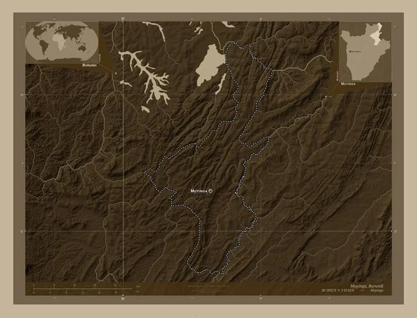 Muyinga Provincia Burundi Mapa Elevación Coloreado Tonos Sepia Con Lagos —  Fotos de Stock