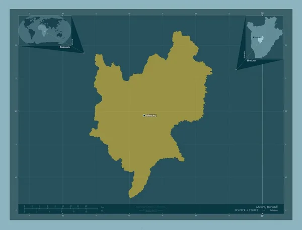 ブルンジ共和国ムワロ県 しっかりした色の形 地域の主要都市の位置と名前 コーナー補助位置図 — ストック写真