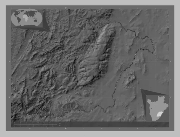 Rutana Provincie Burundi Grayscale Hoogte Kaart Met Meren Rivieren Hulplocatiekaarten — Stockfoto