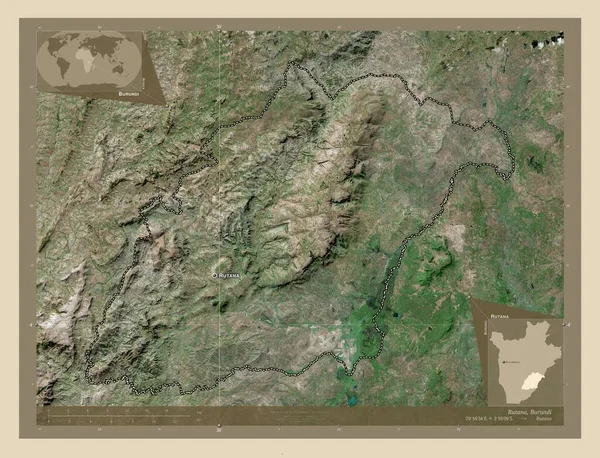 ルタナ ブルンジの州 高解像度衛星地図 地域の主要都市の位置と名前 コーナー補助位置図 — ストック写真