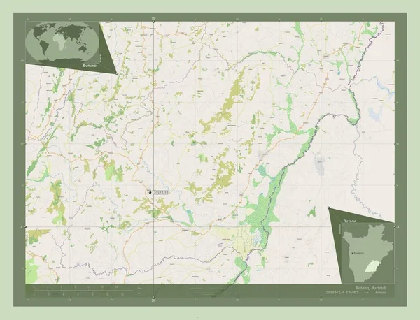 ルタナ ブルンジの州 ストリートマップを開く 地域の主要都市の位置と名前 コーナー補助位置図 — ストック写真