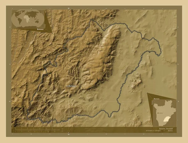 Рутана Провинция Бурунди Цветная Карта Высоты Озерами Реками Места Названия — стоковое фото