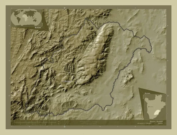 布隆迪省 鲁塔纳 用Wiki风格绘制的带有湖泊和河流的高程地图 该区域主要城市的地点和名称 角辅助位置图 — 图库照片