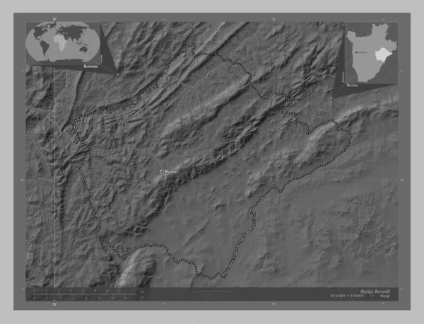 Ruyigi Burundi Tartomány Szürkeárnyas Térkép Tavakkal Folyókkal Régió Nagyvárosainak Elhelyezkedése — Stock Fotó
