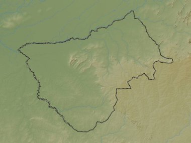 Bamingui-Bangoran, Orta Afrika Cumhuriyeti ili. Gölleri ve nehirleri olan renkli yükseklik haritası