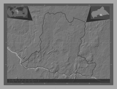 Basse-Kotto, Orta Afrika Cumhuriyeti ili. Göllü ve nehirli çift katlı yükseklik haritası. Köşedeki yedek konum haritaları
