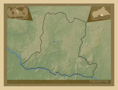 Basse-Kotto, Orta Afrika Cumhuriyeti ili. Gölleri ve nehirleri olan renkli yükseklik haritası. Bölgenin büyük şehirlerinin yerleri ve isimleri. Köşedeki yedek konum haritaları