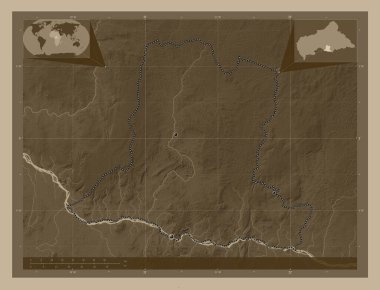 Basse-Kotto, Orta Afrika Cumhuriyeti ili. Yükseklik haritası sepya tonlarında göller ve nehirlerle renklendirilmiş. Bölgenin büyük şehirlerinin yerleri. Köşedeki yedek konum haritaları