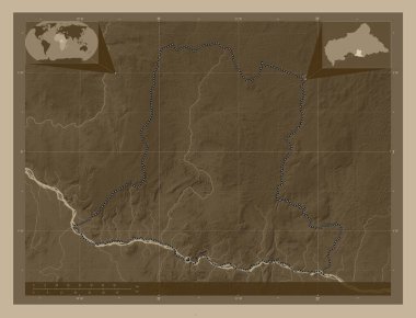Basse-Kotto, Orta Afrika Cumhuriyeti ili. Yükseklik haritası sepya tonlarında göller ve nehirlerle renklendirilmiş. Köşedeki yedek konum haritaları