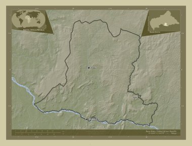 Basse-Kotto, Orta Afrika Cumhuriyeti ili. Yükseklik haritası göller ve nehirlerle wiki tarzında renklendirilmiş. Bölgenin büyük şehirlerinin yerleri ve isimleri. Köşedeki yedek konum haritaları