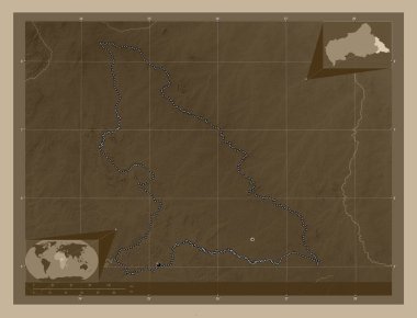 Haut-Mbomou, Orta Afrika Cumhuriyeti vilayeti. Yükseklik haritası sepya tonlarında göller ve nehirlerle renklendirilmiş. Bölgenin büyük şehirlerinin yerleri. Köşedeki yedek konum haritaları