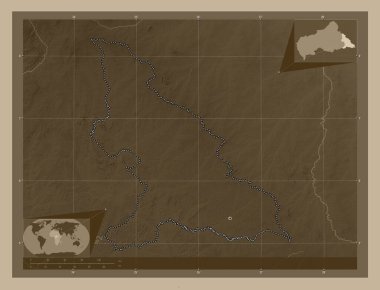 Haut-Mbomou, Orta Afrika Cumhuriyeti vilayeti. Yükseklik haritası sepya tonlarında göller ve nehirlerle renklendirilmiş. Köşedeki yedek konum haritaları