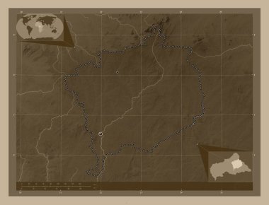 Haute-Kotto, Orta Afrika Cumhuriyeti vilayeti. Yükseklik haritası sepya tonlarında göller ve nehirlerle renklendirilmiş. Bölgenin büyük şehirlerinin yerleri. Köşedeki yedek konum haritaları