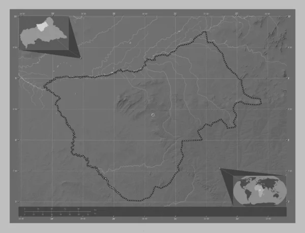 中非共和国省Bamingui Bangoran 带有湖泊和河流的灰度高程图 角辅助位置图 — 图库照片