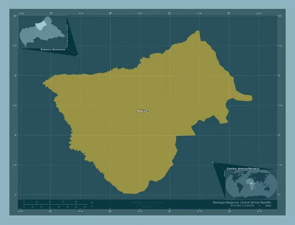 中部アフリカ共和国のバンギバンゴラン県 しっかりした色の形 地域の主要都市の位置と名前 コーナー補助位置図 — ストック写真