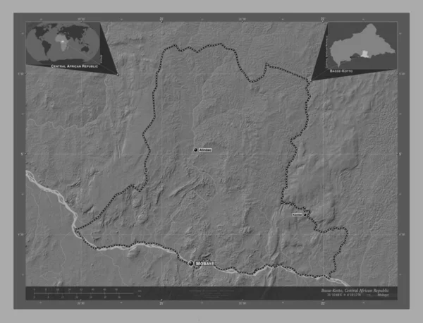 中非共和国巴塞 科托省 带湖泊和河流的比尔维尔高程图 该区域主要城市的地点和名称 角辅助位置图 — 图库照片