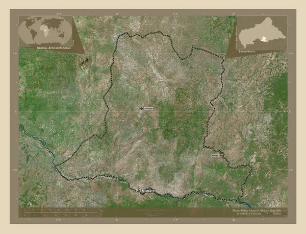 中央アフリカ共和国の県 ベース 高解像度衛星地図 地域の主要都市の位置と名前 コーナー補助位置図 — ストック写真