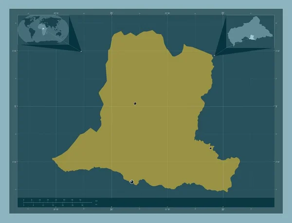 中央アフリカ共和国の県 ベース しっかりした色の形 地域の主要都市の場所 コーナー補助位置図 — ストック写真