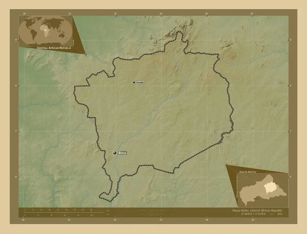 中央アフリカ共和国の県 オート コトト 湖や川と色の標高マップ 地域の主要都市の位置と名前 コーナー補助位置図 — ストック写真