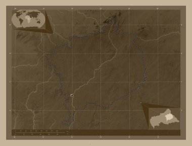 Haute-Kotto, Orta Afrika Cumhuriyeti vilayeti. Yükseklik haritası sepya tonlarında göller ve nehirlerle renklendirilmiş. Köşedeki yedek konum haritaları