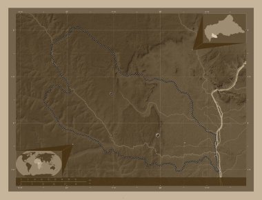 Lobaye, Orta Afrika Cumhuriyeti vilayeti. Yükseklik haritası sepya tonlarında göller ve nehirlerle renklendirilmiş. Bölgenin büyük şehirlerinin yerleri. Köşedeki yedek konum haritaları