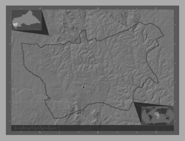 Mambere-Kadei, Orta Afrika Cumhuriyeti ili. Göllü ve nehirli çift katlı yükseklik haritası. Köşedeki yedek konum haritaları