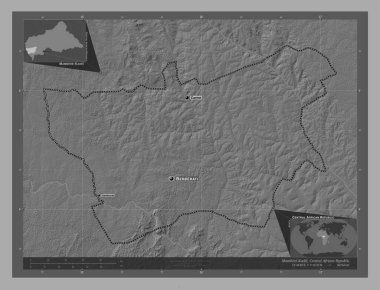 Mambere-Kadei, Orta Afrika Cumhuriyeti ili. Göllü ve nehirli çift katlı yükseklik haritası. Bölgenin büyük şehirlerinin yerleri ve isimleri. Köşedeki yedek konum haritaları