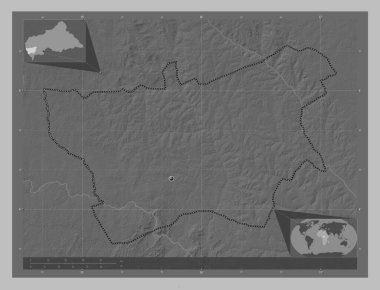 Mambere-Kadei, Orta Afrika Cumhuriyeti ili. Gölleri ve nehirleri olan gri tonlama yükseklik haritası. Köşedeki yedek konum haritaları