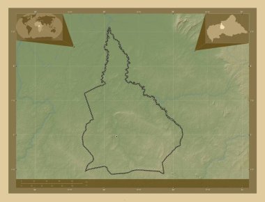 Nana-Grebizi, Orta Afrika Cumhuriyeti 'nin ekonomik bölgesi. Gölleri ve nehirleri olan renkli yükseklik haritası. Bölgenin büyük şehirlerinin yerleri. Köşedeki yedek konum haritaları