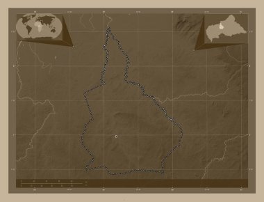 Nana-Grebizi, Orta Afrika Cumhuriyeti 'nin ekonomik bölgesi. Yükseklik haritası sepya tonlarında göller ve nehirlerle renklendirilmiş. Bölgenin büyük şehirlerinin yerleri. Köşedeki yedek konum haritaları