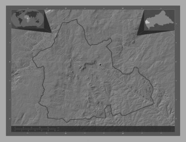 Nana-Mambere, Orta Afrika Cumhuriyeti vilayeti. Göllü ve nehirli çift katlı yükseklik haritası. Köşedeki yedek konum haritaları