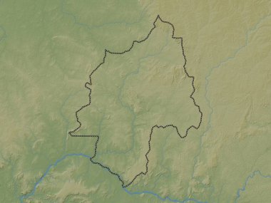 Ouaka, Orta Afrika Cumhuriyeti vilayeti. Gölleri ve nehirleri olan renkli yükseklik haritası