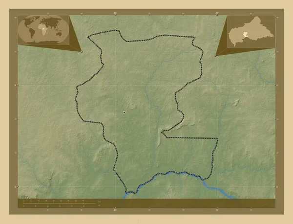 中央アフリカ共和国のケモ県 湖や川と色の標高マップ 地域の主要都市の場所 コーナー補助位置図 — ストック写真