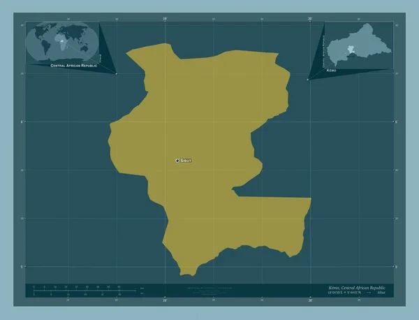 中央アフリカ共和国のケモ県 しっかりした色の形 地域の主要都市の位置と名前 コーナー補助位置図 — ストック写真