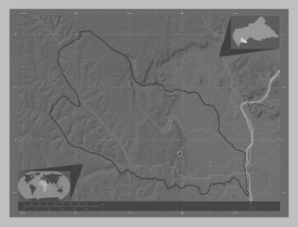 中央アフリカ共和国の県 ロビー 湖や川とグレースケールの標高マップ コーナー補助位置図 — ストック写真