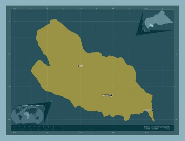 中央アフリカ共和国の県 ロビー しっかりした色の形 地域の主要都市の位置と名前 コーナー補助位置図 — ストック写真