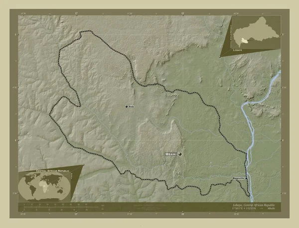 中央アフリカ共和国の県 ロビー 湖や川とWikiスタイルで着色された標高マップ 地域の主要都市の位置と名前 コーナー補助位置図 — ストック写真