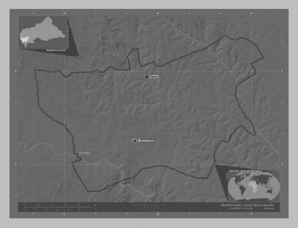 Mambere Kadei 중앙아프리카 공화국의 현이다 호수와 회색의 지역의 도시들의 위치와 — 스톡 사진