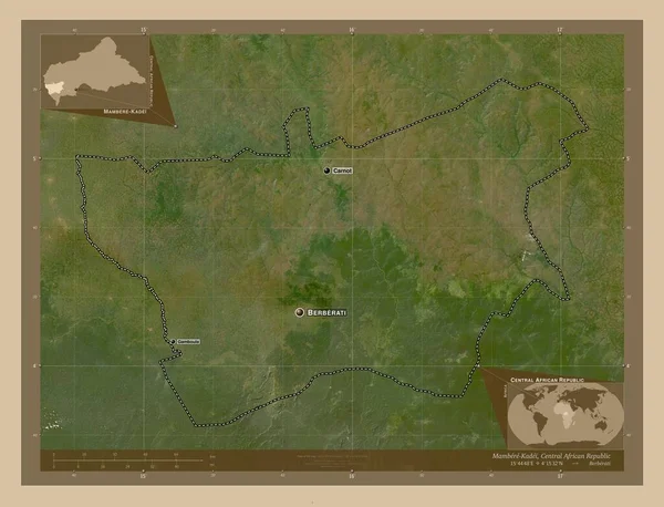 中部アフリカ共和国のマンベレ カダイ県 低解像度衛星地図 地域の主要都市の位置と名前 コーナー補助位置図 — ストック写真