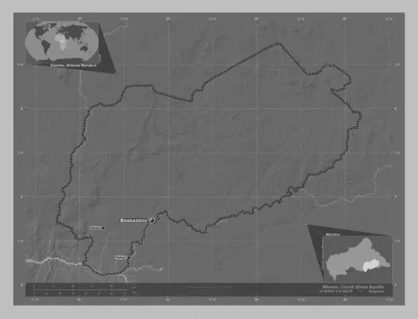 中非共和国姆博穆省 带有湖泊和河流的灰度高程图 该区域主要城市的地点和名称 角辅助位置图 — 图库照片
