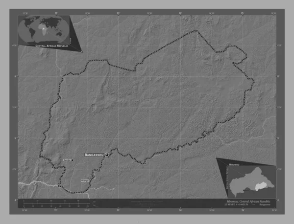 中非共和国姆博穆省 带湖泊和河流的比尔维尔高程图 该区域主要城市的地点和名称 角辅助位置图 — 图库照片